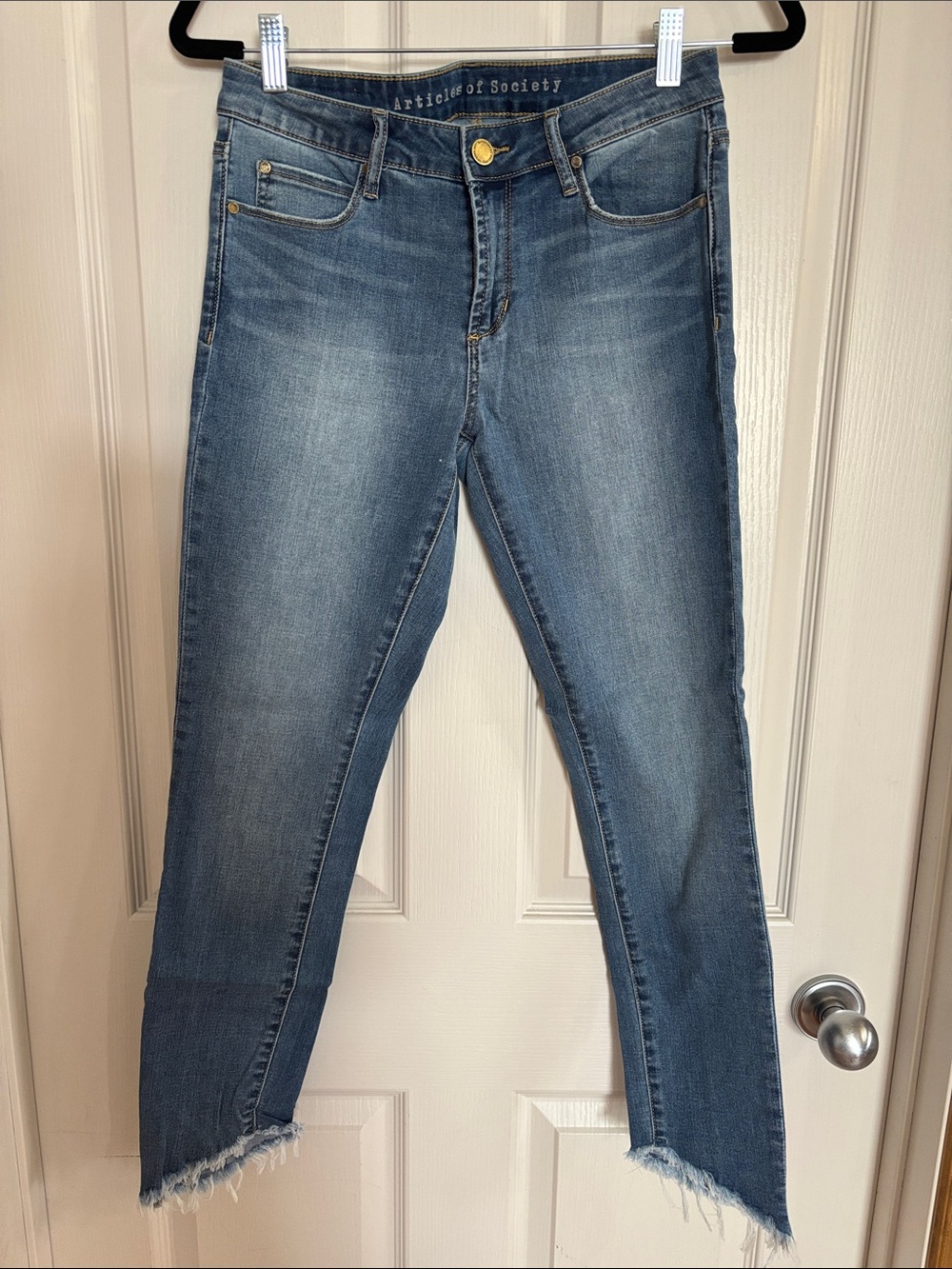 Articles Of Society Distressed Hem Ankle Jeans in Medium Blue
